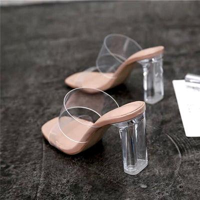 China The word fashion trend of 2021 summer with transparent high heel sandals women shape crystal thick heel sexy sandals slippers for external wear for sale