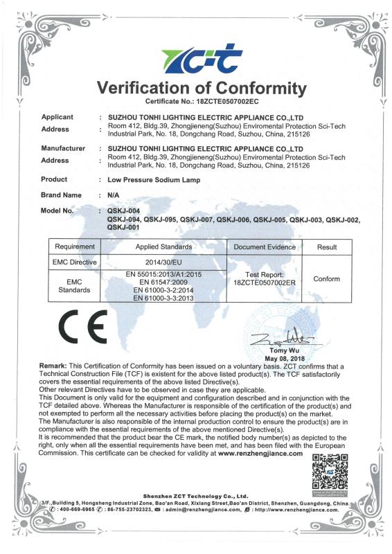 CE - Suzhou Tonhi Lighting Technology Co., Ltd.