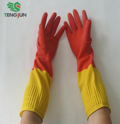 China Spray Flocklined Two-Tone Household Latex Gloves Spray Blue-Yellow Flocklined for sale