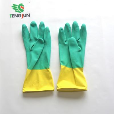 China Spray two-color household flocklined latex gloves wholesale long latex gloves for sale