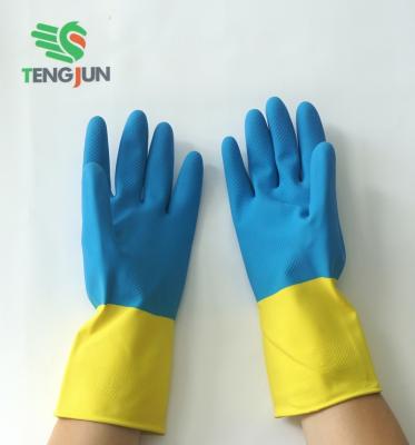 China Spray Flocklined Two-Tone Household Latex Gloves Spray Blue-Yellow Flocklined for sale