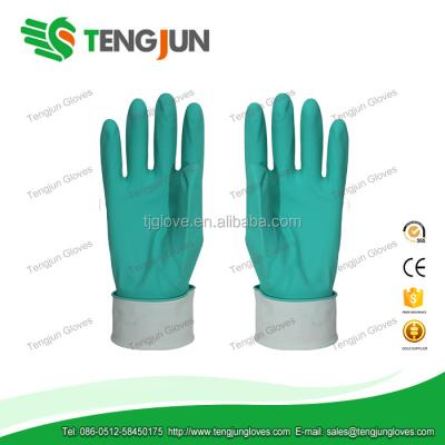 China Industrial Oil Flocklined Green Nitrile Gloves for sale