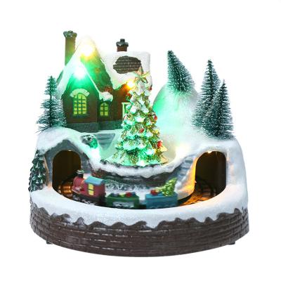 China Creative New Christmas Decoration 2022 Christmas Home Christmas Gift Ornaments Snow Stage Hut Train Tunnel Luminous Landscape for sale