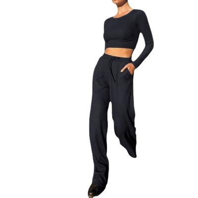 China QUICK DRY Women Lounge Wear Sets Solid Color Yoga Fitness Pants 2 Piece Lounge Women Crop Top Jogger Set 2021 Causal Two Piece Sets for sale