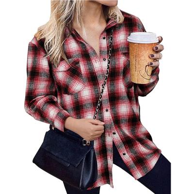 China 2022 New Viable Women's Long Sleeve Collar Button Down Long Plaid Shirt Blouse Tops Cardigan Plaid Shirt Jackets for sale