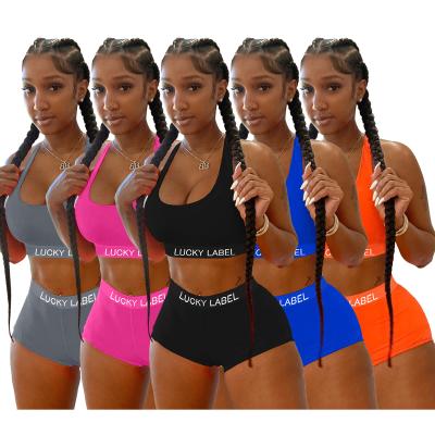 China Lucky Label Two Piece Set 2021 Breathable Women Fitness Yoga Sports Two Piece Short Set Crop Tops Tracksuits Summer Biker Shorts Set for sale