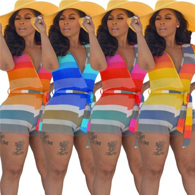 China Boutique Mujer Casual Anti-Wrinkle Shorts Rompers Short Sleeve Colorful Stripe Summer Plus Size Women Overalls for sale