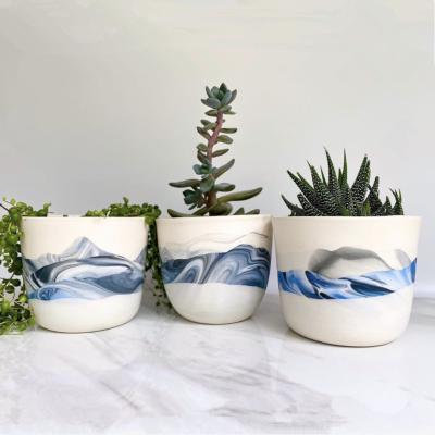 China Eco-friendly Creative Luster Blue White Succulent Combination Paint Ink Design Ceramic Plant Pots Sets for sale