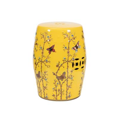 China Durable high quality luxury outdoor floral design applique decoration garden butterfly ceramic yellow drum stool for sale