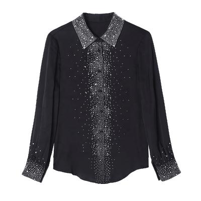 China Long sleeve anti-shrink temperament wild hot drilling diamond-studded women black heavy silkworm silk shirt for sale