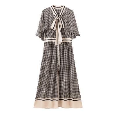 China 2021 New High Society Cape Shawl Contrast Elegant Ribbon Color Houndstooth Chiffon Dress Washable Long Skirt Women for sale