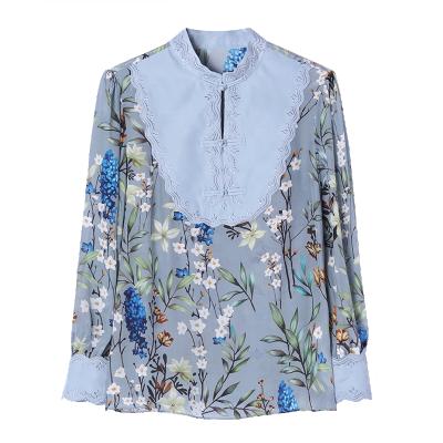 China Viable Women's Long Sleeve Embroidery Printed Silk Shirt New Retro Chinese Collar Silk Top Buckle Stand for sale