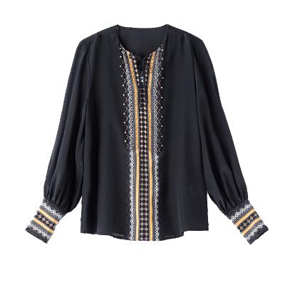 China Viable Women's Long Sleeve Embroidery Printed Silk Shirt New Retro Chinese Collar Silk Top Buckle Stand for sale