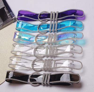 China High Quality Many Colors Wholesale Laser Colored Transparent Wide Edge Full Crystal Pin Buckle PVC Rhinestone Belt for sale