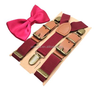 China High Quality Custom Made Microfiber Polyester Mens Solid Color PU Patch Leather Buckle Bow Tie And Adjustable Suspenders Set for sale