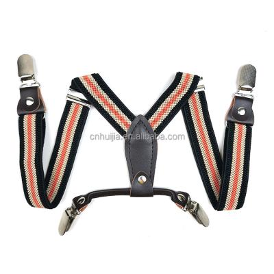 China Wholesale PU Leather Fashion 4 Staples Mens Kids Kids Elastic Elastic Suspenders Black Beige Custom Colored Shuttleless Stripe Suspenders For Hip for sale