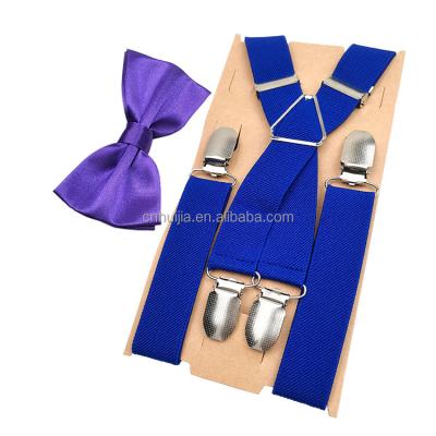 China Hot Selling X High Tenacity X Leather Or Polyester Back Hot Elastic Adjustable Braces Pants Royal Blue Suspender Shape And Bow Tie For Kids for sale