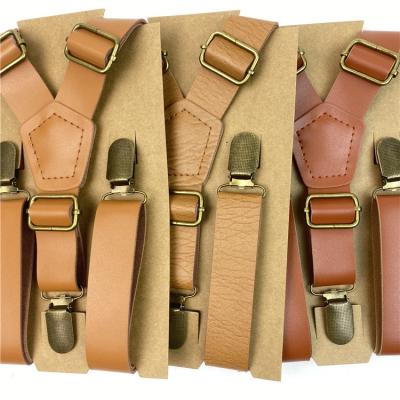 China Fashionable Adult Men's High Quality Vintage Leather Pants Suspenders Adjustable Tan Y Braces for sale