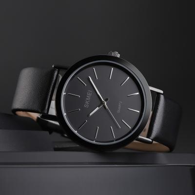 China Water Resistant Skmei 1565 Black Custom Logo Men's Quartz Watch Waterproof Genuine Leather Wristwatches for sale