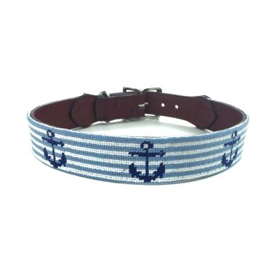 China Custom Wholesale Anchor Stripe Needlepoint Leather Dog Collar for sale