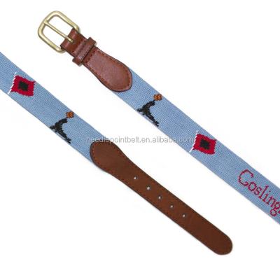 China Blue cowhide steel with goslings handmade needlepoint belt for men for sale