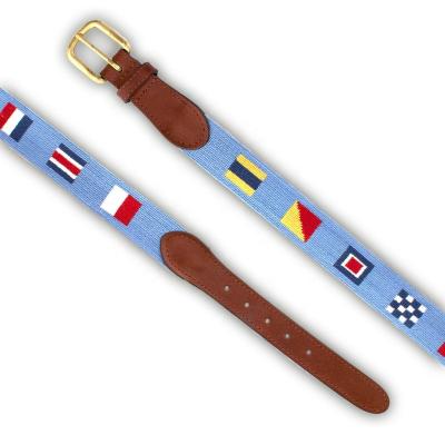 China Full Grain Leather 2021 Code Flags Lt Blue Handmade Needlepoint Belt for sale