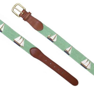 China Full Grain Italian Imported Mint Leather Smathers and Branson with Sailboats Custom Men's Needlepoint Belt for sale