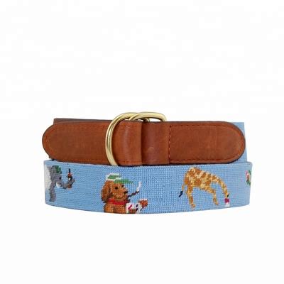 China Full Grain Italian Imported Leather Custom Party Girls In Light Blue Needlepoint D-Ring Genuine Leather Belt for sale