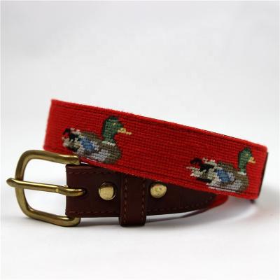 China Custom Full Grain Mallard Duck Hand Stitched Needlepoint Children's Leather Belts for sale