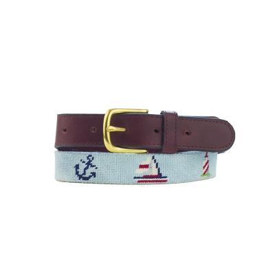 China Full Grain Anchor Boat Lighthouse Kid's Leather Belt With Needlepoint for sale