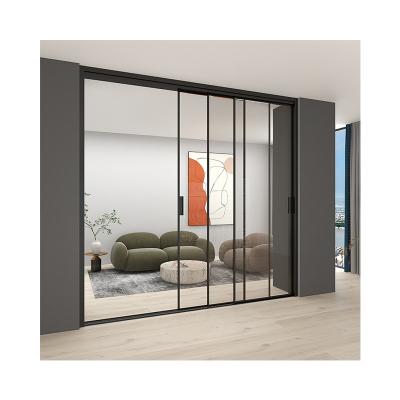 China Sliding Style Door Aluminum Glass Door Kitchen Office Balcony Soft Narrow Black Thin Frame Bedroom Modern European Interior for sale