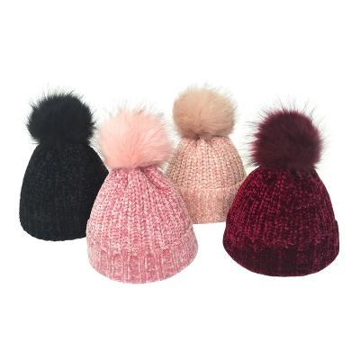 China 2022 OEM Chenile Fur Women Ladies Beanies Autumn Winter Knitted Pom Hats COMMON Pom Knitted Gorro Beanie for sale