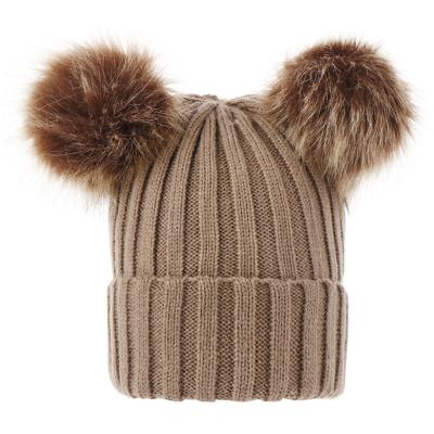 China Autumn Winter Knitted Adult Wool Two Ball Fur Ball Wool Two Ball Imitation Fox Pom Fake Raccoon Baby Beanies for sale