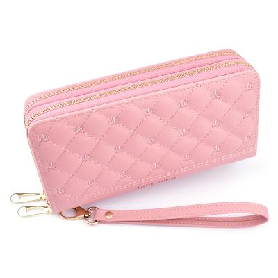 China Anti-theft ladies pinch style double zipper long clutch bag mother soft diamond embroidered crown large capacity wallet for sale