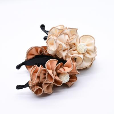 China Polyester Round Banana Clips Hair Cloth Plastic Flowers Hairpin Claw Ponytail Holder Glitter Hair Accessory Hair Tie for sale