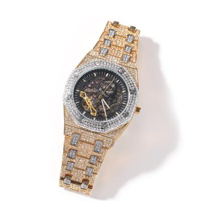 China New Bling Hip Hop Environmentally Friendly Gold Diamond Iced Out Watch Luxury Mechanical Men's Full Waterproof Skeleton Automatic Watch for sale