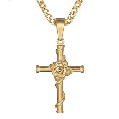 China Environmental Friendly European Fashion Jewelry 18K Gold Plated Stainless Steel Rose Flower Cross Pendant Necklace for sale