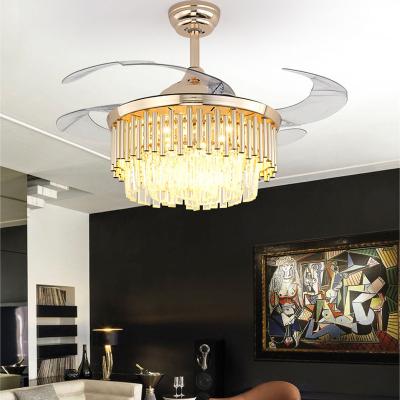 China 42 Inch Gold Crystal Fancy Chandelier Hidden Transparent Blade Modern Arabic Luxury Retractable Ceiling Fan With LED Light for sale