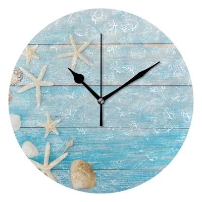 China Classy Hot Sale Living Room Small Home Decorative Hanging Scenic Beach Shell Round Wall Clocks for sale