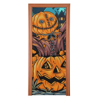 China OEM Environmental Friendly Design Printing Spooky Door Banner Ghost Pumpkin Door Cover For Halloween Theme Party Supplies for sale