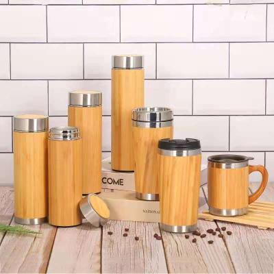 China 2021 Sustainable Wholesale Premium Natural Bamboo Stainless Steel Water Bottle Bamboo Thermos With Tea Infuser Strainer for sale