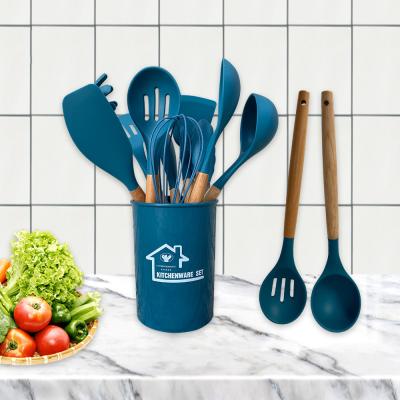 China 2021 Viable 12 Pieces Storage Barrel Cookware Non-Stick Kitchen Tool Silicone Wooden Handle Kitchenware Cooking Shovel Spoon Set for sale