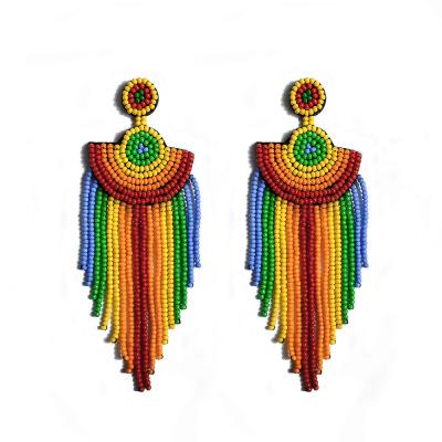 China 2021 Best Selling Environmental Friendly Product Rice Handmade Handmade Beaded Colorful Beads Statement Dangle Fringe Long Stud Tassel Bohemian Earrings for sale