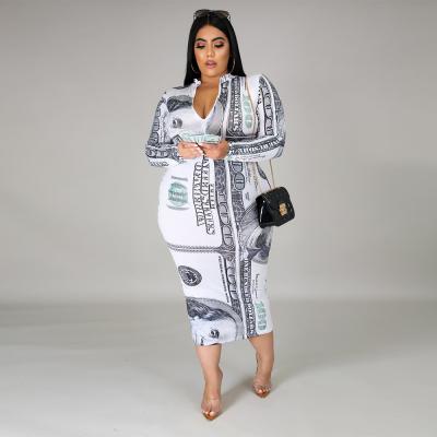 China Anti-wrinkle plus size women dresses 4XL fashion curve clothing tie dye printed V-neck printed hip zipper for sale