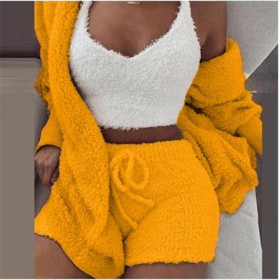 China Wholesale Ladies QUICK DRY Plush Casual 3 Piece Tracksuit Pajamas Long Sleeve Cardigan Invest Short Panty Women Party Sweater Set for sale