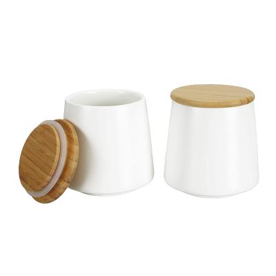 China Cover 2 Pack 17 Ounce Solid White Ceramic Food Storage Jar With Airtight Bamboo Lid for sale