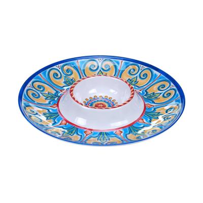 China 13 Inch Round Melamine Chip N Hard Plastic Dip Serving Tray with Drink Holder Dishwasher Safe HMD-319110105 for sale