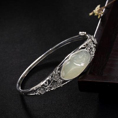 China Vintage Plum Bangles For Women 925 Sterling Silver Jade Inlaid Natural Gemstone Workable Bracelets for sale