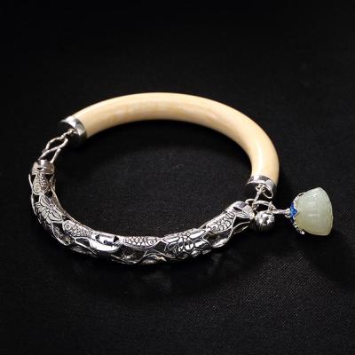 China Vintage 990 Silver Jewelry Accessories Bracelets Ivory Nut Fish Engraved Charms For Bracelets Women Bangles for sale