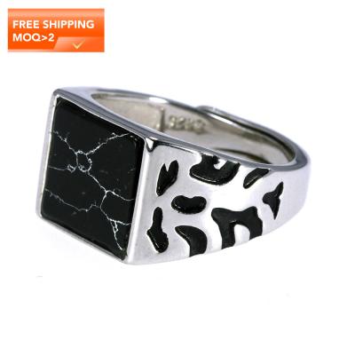 China Vintage Flower Pattern Square Shaped Design Black Stone Men's Rings With Real Stone Adjustable Rings for sale